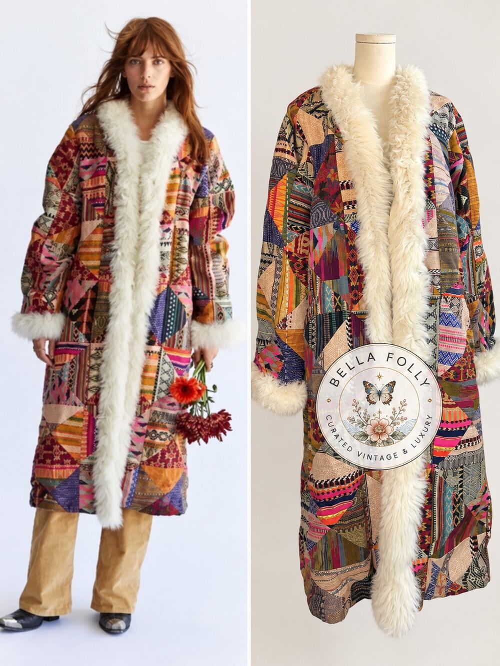 NWT Free People Caravan Patchwork Shearling Trim Coat Small $1200 Boho Duster